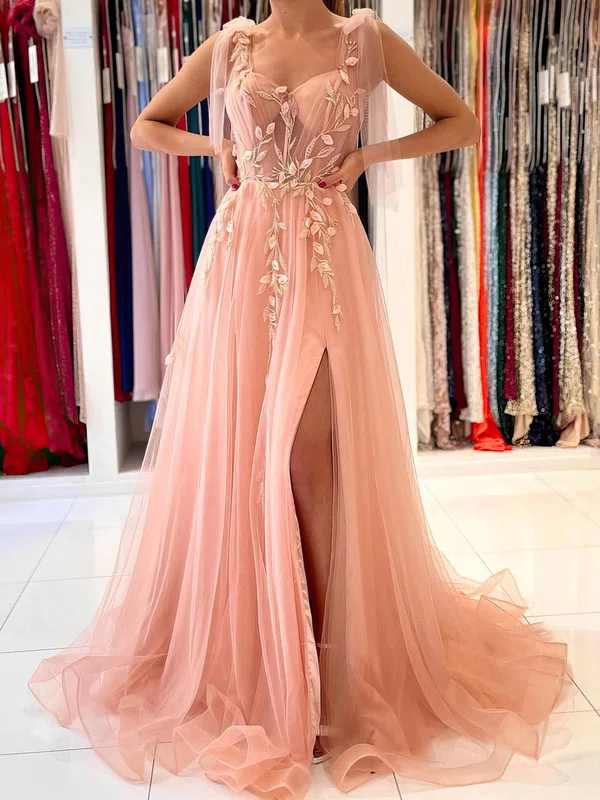 Ball Gown/Princess V-neck Tulle Sweep Train Prom Dresses With Split Front #UKM020113844