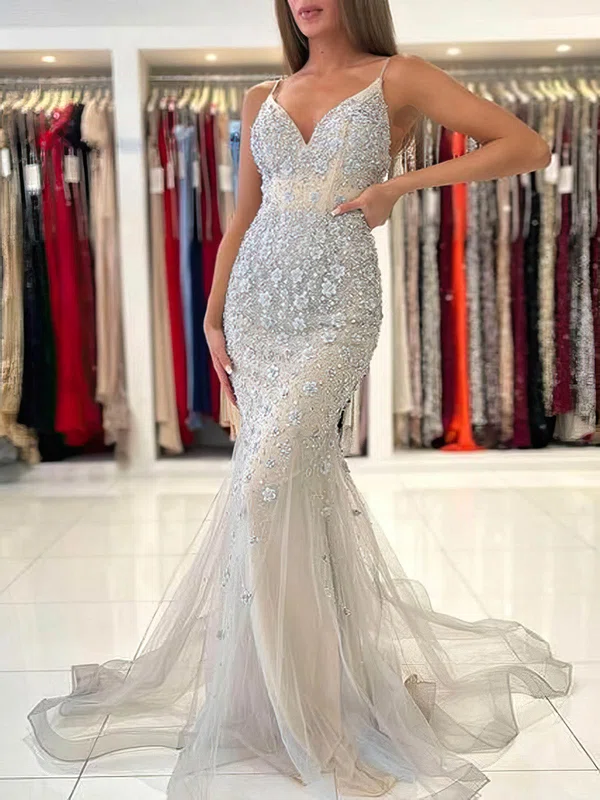 Trumpet/Mermaid V-neck Tulle Sweep Train Prom Dresses With Appliques Lace #UKM020113845