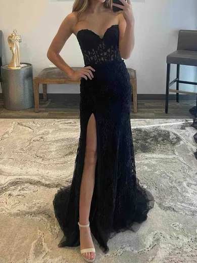Sheath/Column Strapless Tulle Corset Prom Dresses With Appliques #UKM020113853
