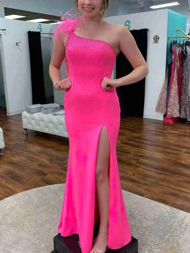 Sheath/Column One Shoulder Stretch Crepe Floor-length Prom Dresses With Feathers / Fur #UKM020113854