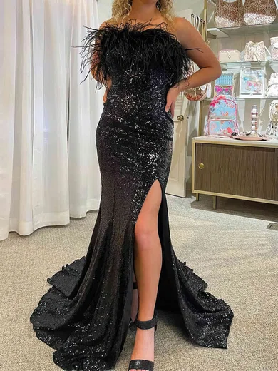 Sheath/Column Strapless Sparkly Sequin Prom Dresses With Feather #UKM020113860