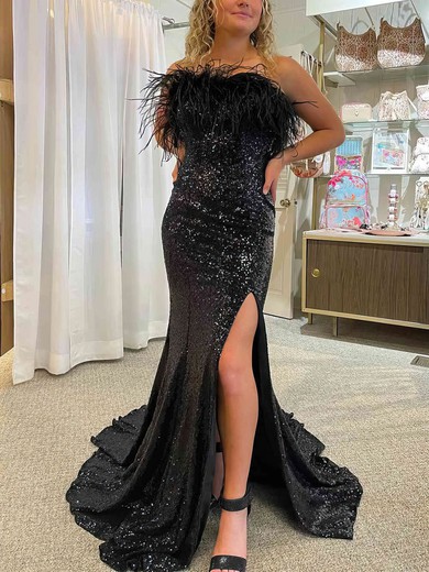 Sheath/Column Strapless Sequined Sweep Train Prom Dresses With Feathers / Fur #UKM020113860