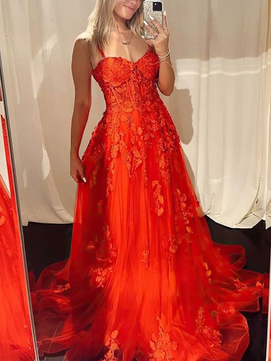 A-line Sweetheart Tulle Sweep Train Prom Dresses With Appliques Lace #UKM020113861
