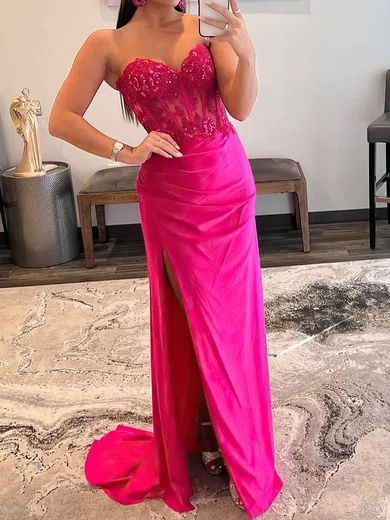 Sheath/Column Strapless Satin Corset Prom Dresses With Appliques #UKM020113871