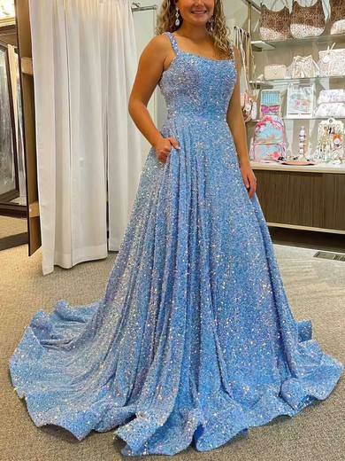 A-line Scoop Neck Sequined Sweep Train Prom Dresses With Pockets #UKM020113875