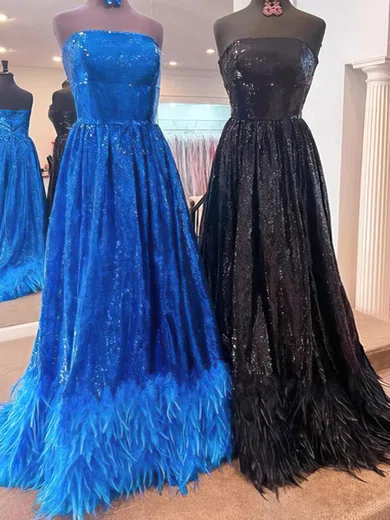 Ball Gown Strapless Sparkly Sequin Prom Dresses With Feather #UKM020113876