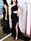 Sheath/Column One Shoulder Sequined Sweep Train Prom Dresses With Split Front #UKM020113877