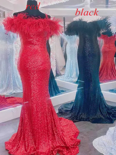Mermaid Off-the-shoulder Sparkly Sequin Prom Dresses With Feather #UKM020113881