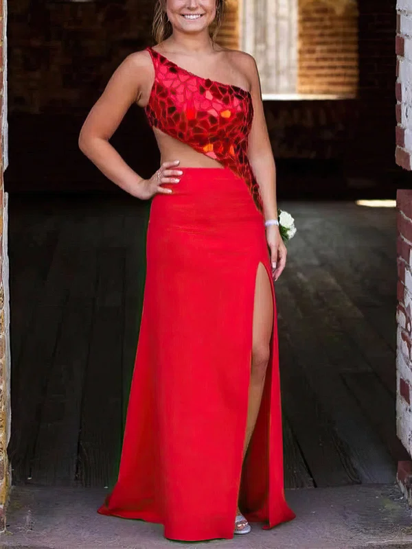 Sheath/Column One Shoulder Sequined Stretch Crepe Sweep Train Prom Dresses With Split Front #UKM020113885