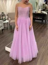 A-line Strapless Tulle Sweep Train Prom Dresses #UKM020113887
