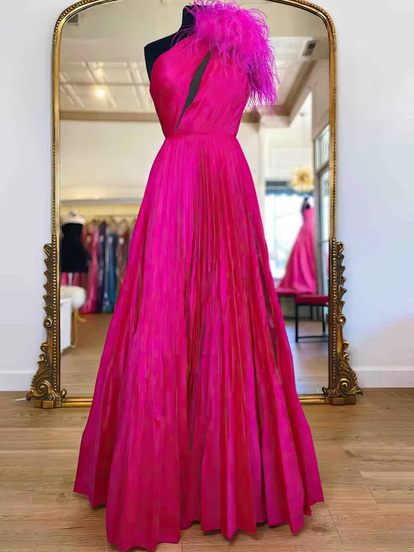 A-line One Shoulder Chiffon Floor-length Prom Dresses With Feathers / Fur #UKM020113888