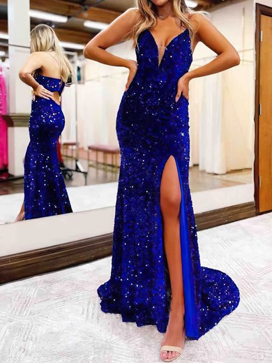 Sheath/Column V-neck Sparkly Velvet Sequin Prom Dresses #UKM020113898