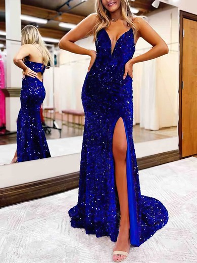 Sheath/Column V-neck Sequined Sweep Train Prom Dresses With Split Front #UKM020113898
