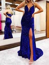 Sheath/Column V-neck Sparkly Velvet Sequin Prom Dresses #UKM020113898