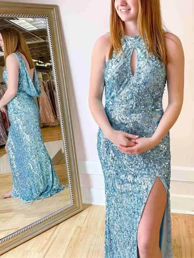 Sheath/Column Scoop Neck Sequined Sweep Train Prom Dresses With Split Front #UKM020113900
