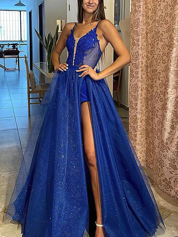 Ball Gown/Princess Sweep Train V-neck Glitter Appliques Lace Prom Dresses #UKM020113903