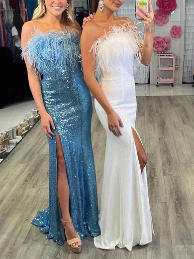 Sheath/Column Strapless Sparkly Sequin Prom Dresses With Feather #UKM020113910