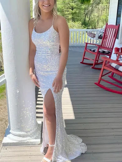 Sheath/Column Scoop Neck Sequined Sweep Train Prom Dresses With Split Front #UKM020113911