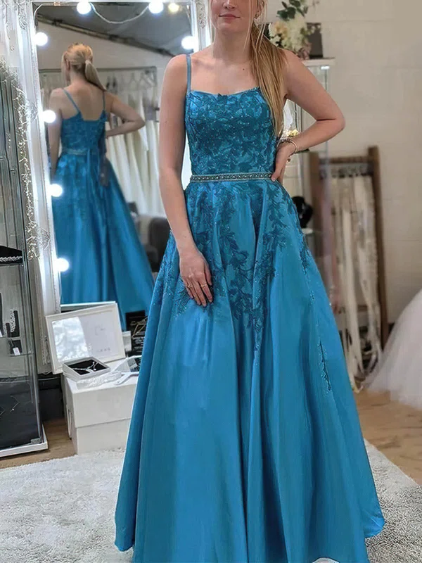 A-line Scoop Neck Satin Floor-length Prom Dresses With Appliques Lace #UKM020113914