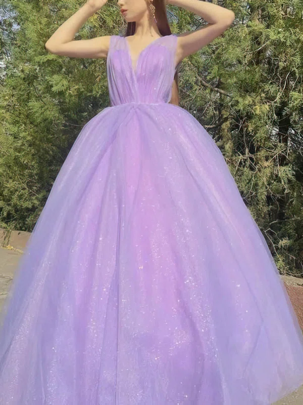 Ball Gown V-neck Glitter Floor-length Prom Dresses With Ruffles #UKM020113916