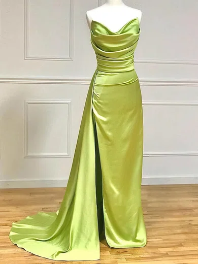 Sheath/Column Cowl Neck Satin Prom Dresses With Ruched #UKM020113920