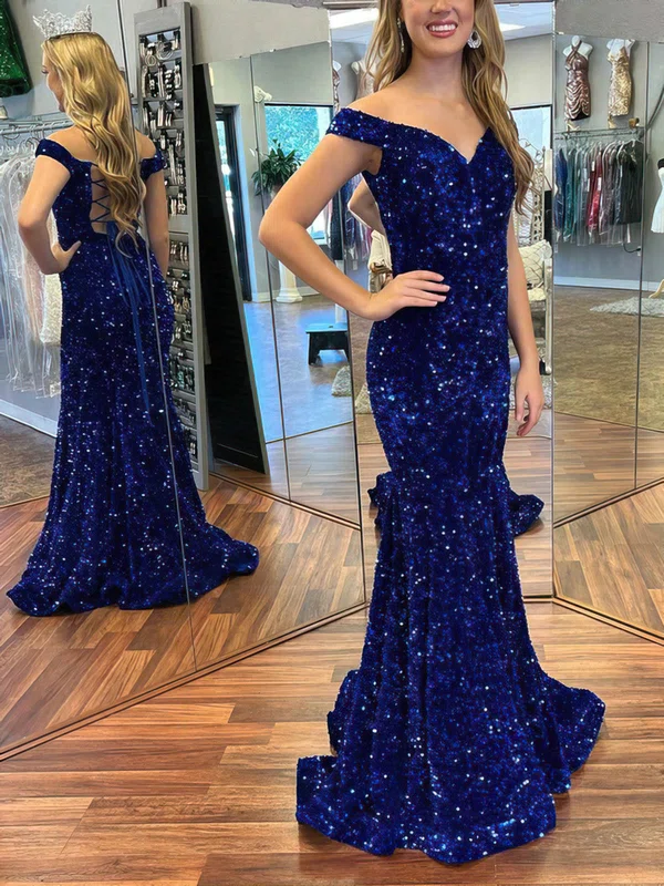 Trumpet/Mermaid Off-the-shoulder Sequined Sweep Train Prom Dresses #UKM020113921