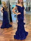 Trumpet/Mermaid Off-the-shoulder Sequined Sweep Train Prom Dresses #UKM020113921