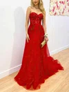 A-line Sweetheart Tulle Glitter Sweep Train Prom Dresses With Appliques Lace #UKM020113923