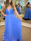 A-line V-neck Lace Chiffon Sweep Train Prom Dresses #UKM020113927