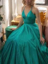 A-line V-neck Silk-like Satin Sweep Train Prom Dresses #UKM020113933