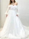 A-line Off-the-shoulder Tulle Sweep Train Prom Dresses With Ruffles #UKM020113936