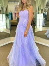 A-line Scoop Neck Tulle Glitter Sweep Train Prom Dresses With Appliques Lace #UKM020113937