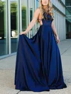 A-line Scoop Neck Silk-like Satin Sweep Train Prom Dresses With Split Front #UKM020113939