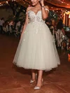 A-line Off-the-shoulder Tulle Tea-length Prom Dresses With Appliques Lace #UKM020113941