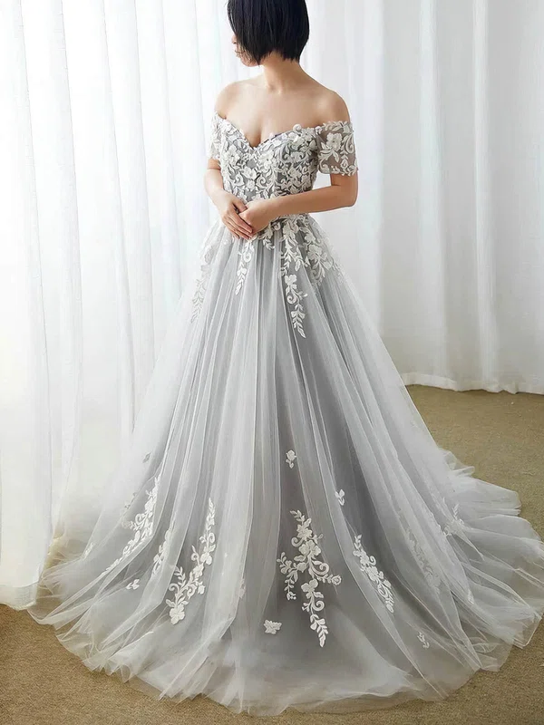 Princess Off-the-shoulder Tulle Sweep Train Prom Dresses With Appliques Lace #UKM020113943