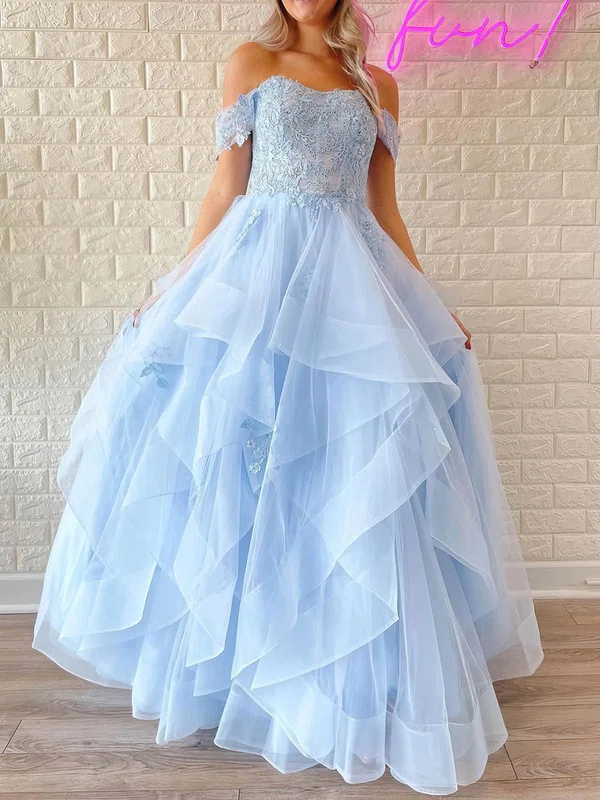 Ball Gown Off-the-shoulder Tulle Floor-length Prom Dresses With Beading #UKM020113946