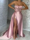 A-line Strapless Satin Sweep Train Prom Dresses With Split Front #UKM020113947