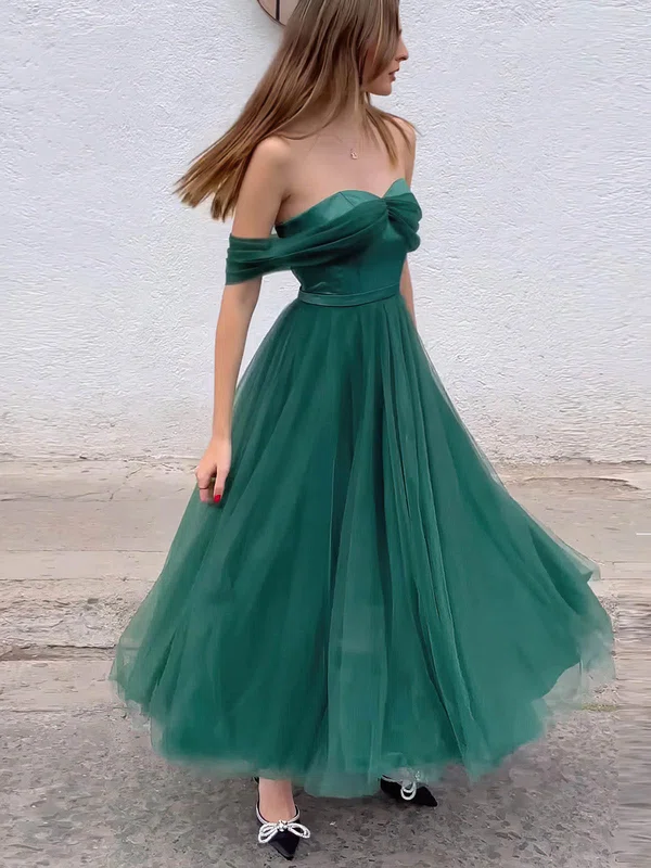 A-line Off-the-shoulder Tulle Ankle-length Prom Dresses With Sashes / Ribbons #UKM020113949