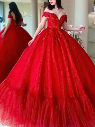 Ball Gown Off-the-shoulder Tulle Sweep Train Beading Prom Dresses ...