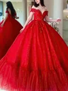 Ball Gown Off-the-shoulder Tulle Glitter Sweep Train Prom Dresses With Beading #UKM020113950