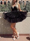 A-line V-neck Tulle Short/Mini Short Prom Dresses With Tiered #UKM020113961