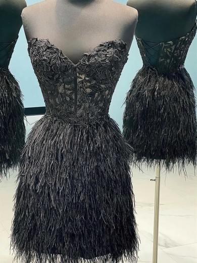 Sheath/Column V-neck Feather Short/Mini Short Prom Dresses With Appliques Lace #UKM020113962