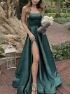 A-line Scoop Neck Satin Sweep Train Prom Dresses With Split Front #UKM020113964