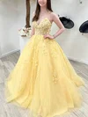 Ball Gown V-neck Tulle Sweep Train Prom Dresses With Appliques Lace #UKM020113968