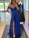 A-line Off-the-shoulder Silk-like Satin Sweep Train Prom Dresses With Split Front #UKM020113977