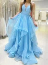 Princess V-neck Glitter Sweep Train Prom Dresses With Cascading Ruffles #UKM020113979