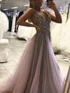 A-line V-neck Tulle Sweep Train Prom Dresses With Beading #UKM020113992