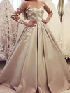 Ball Gown Off-the-shoulder Satin Tulle Sweep Train Prom Dresses With Appliques Lace #UKM020113993