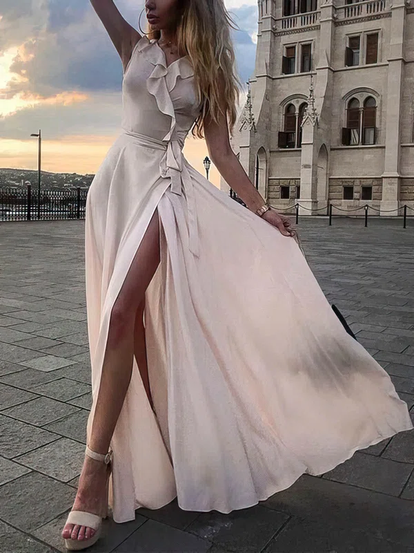 A-line V-neck Jersey Floor-length Prom Dresses With Split Front #UKM020113994
