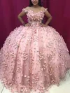 Ball Gown Off-the-shoulder Glitter Floor-length Prom Dresses With Flower(s) #UKM020113996
